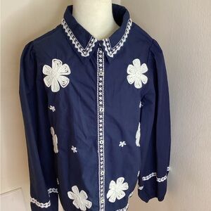 Zara Kids Navy Blue Button Down Shirt with White Floral Embroidery